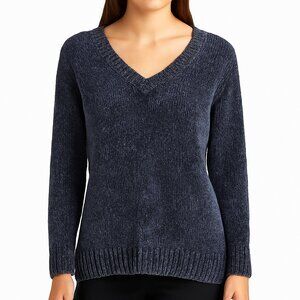 Womens L Chenille Knit Sweater Navy Blue V-Neck Pullover Textured Soft Cozy Look